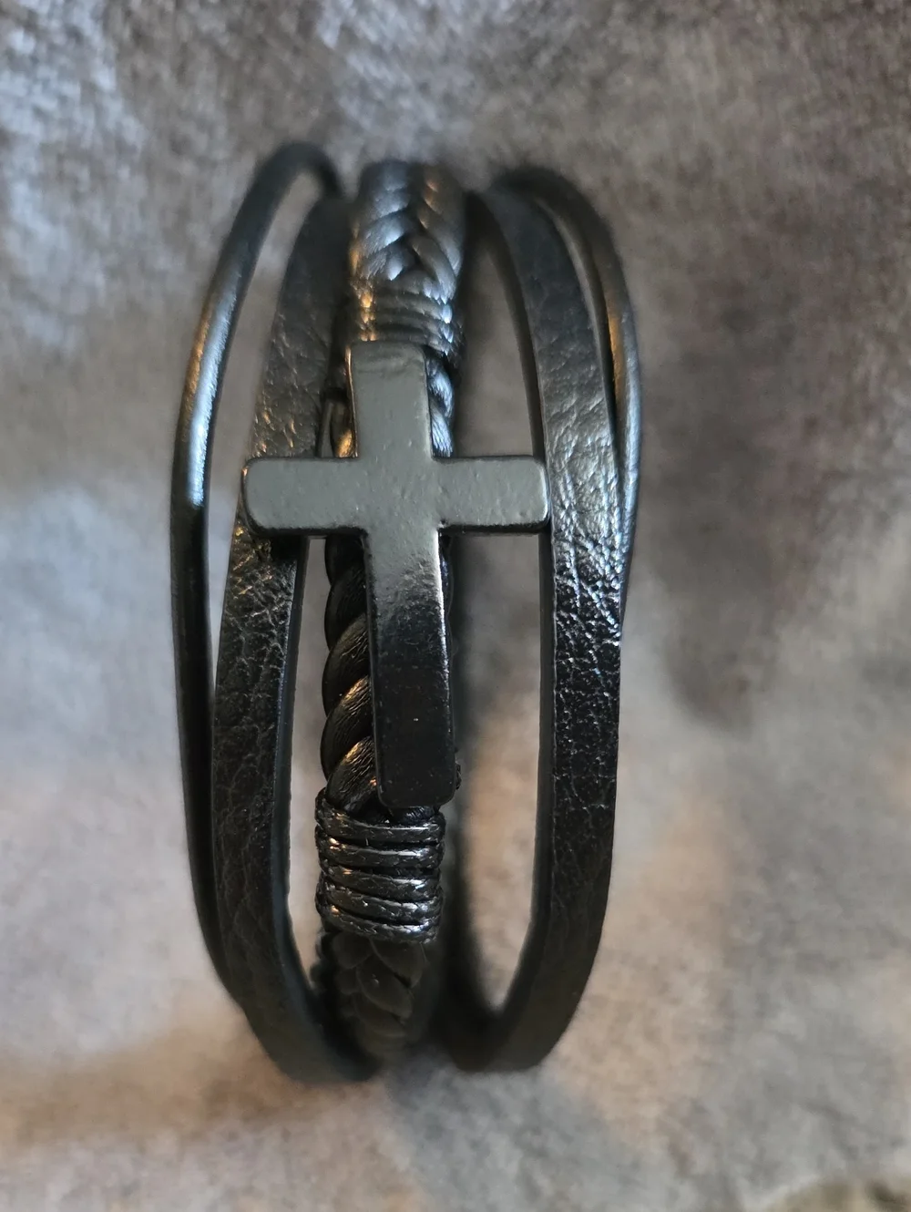 Black Multi-Strand Cross Leather Bracelet -  Men Accessories